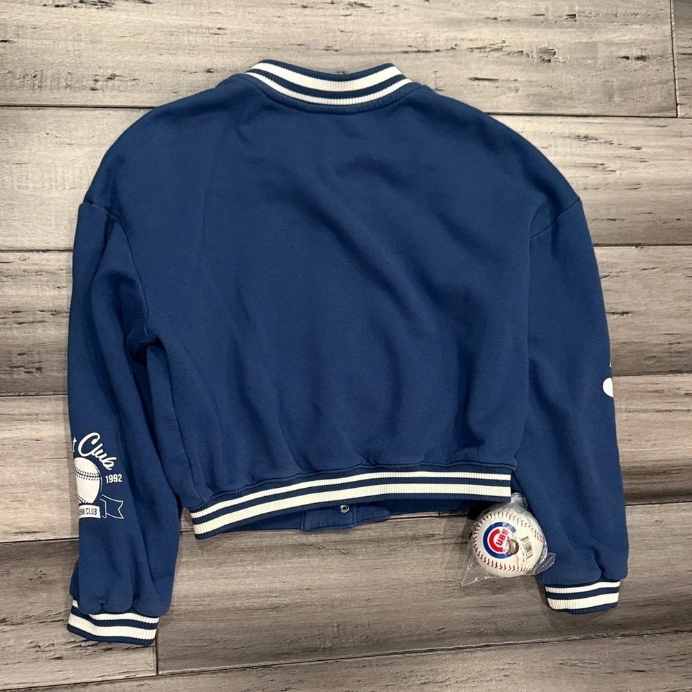 H&M Blue New York Varsity Jacket with White Lettering, includes the Cubs ball.